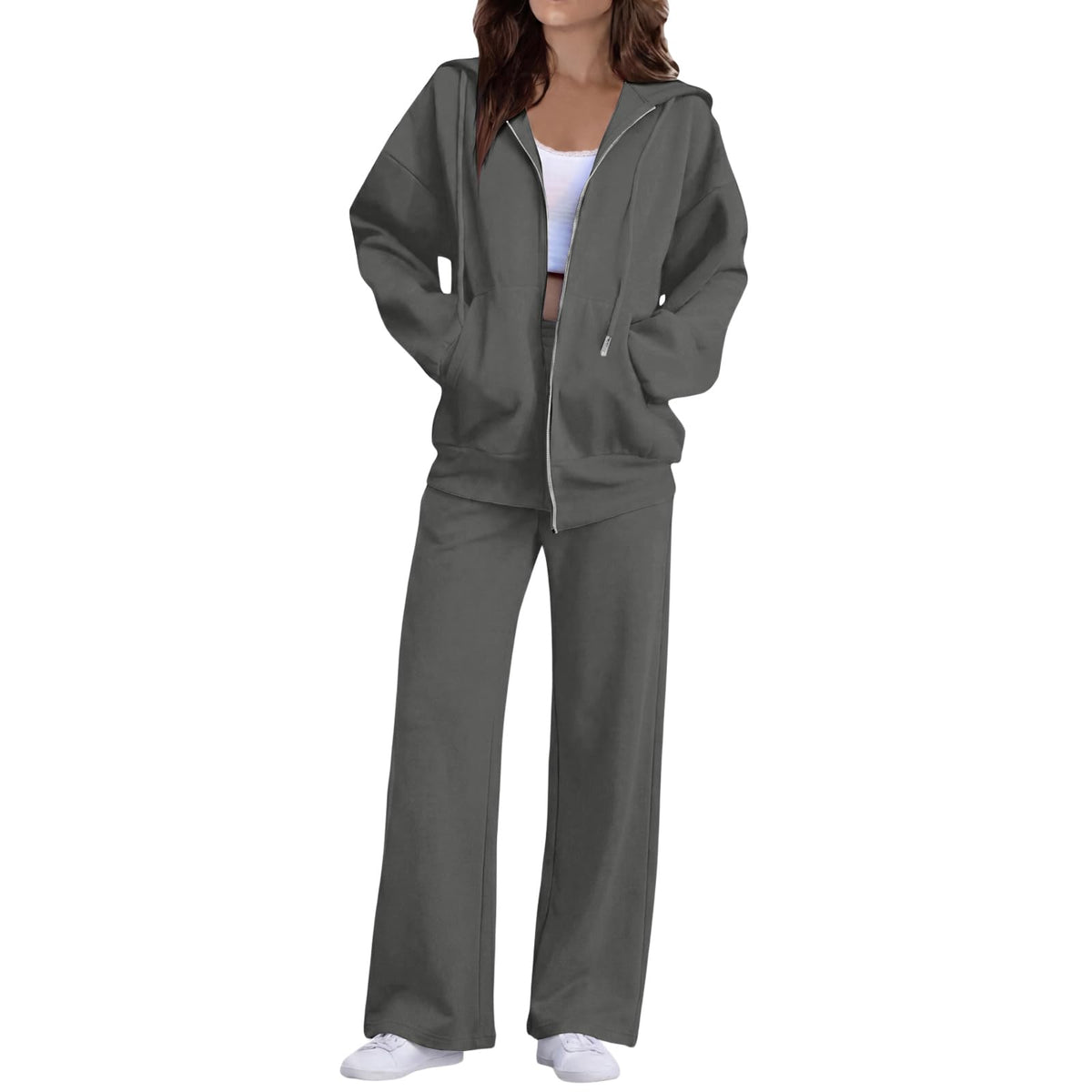 Sweatsuits Women 2 Piece Outfit Zip Up Hoodie and Sweatpants Set Fall Long Sleeve Tracksuit and Wide Leg Sweatpants