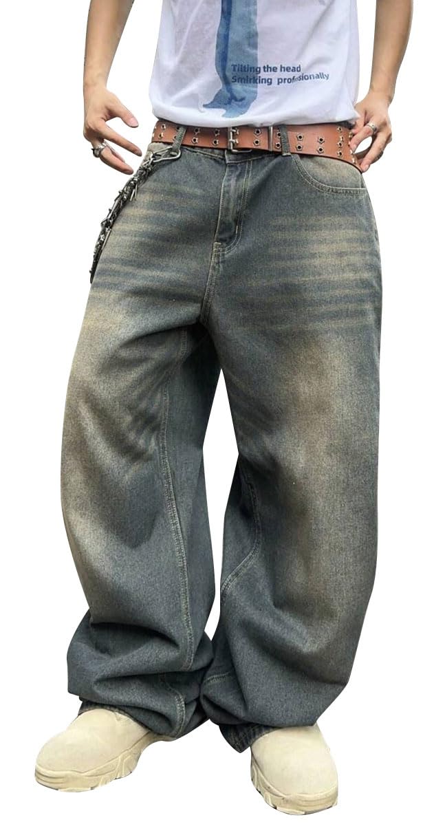 HUNGSON Mens Baggy Jeans for Men Women Y2k Skater Vintage Plain Pants Casual Wide Leg Jeans Loose Fit Denim Jeans