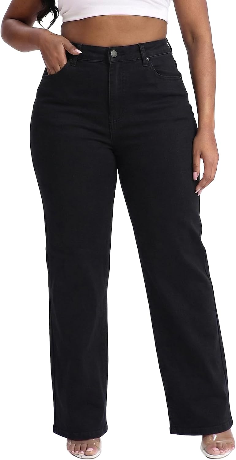 Gocolloa Plus Size Jeans for Curvy Women Straight Leg Stretchy High Waisted Casual Loose Denim Pants with Pockets