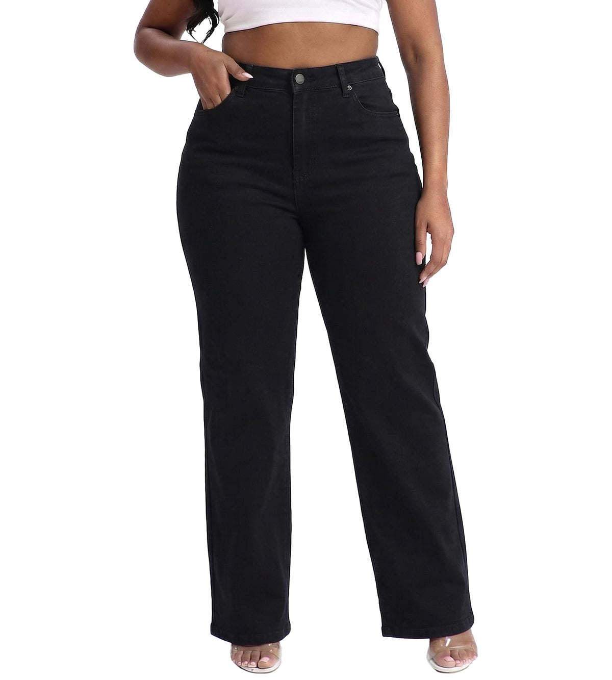 Gocolloa Plus Size Jeans for Curvy Women Straight Leg Stretchy High Waisted Casual Loose Denim Pants with Pockets