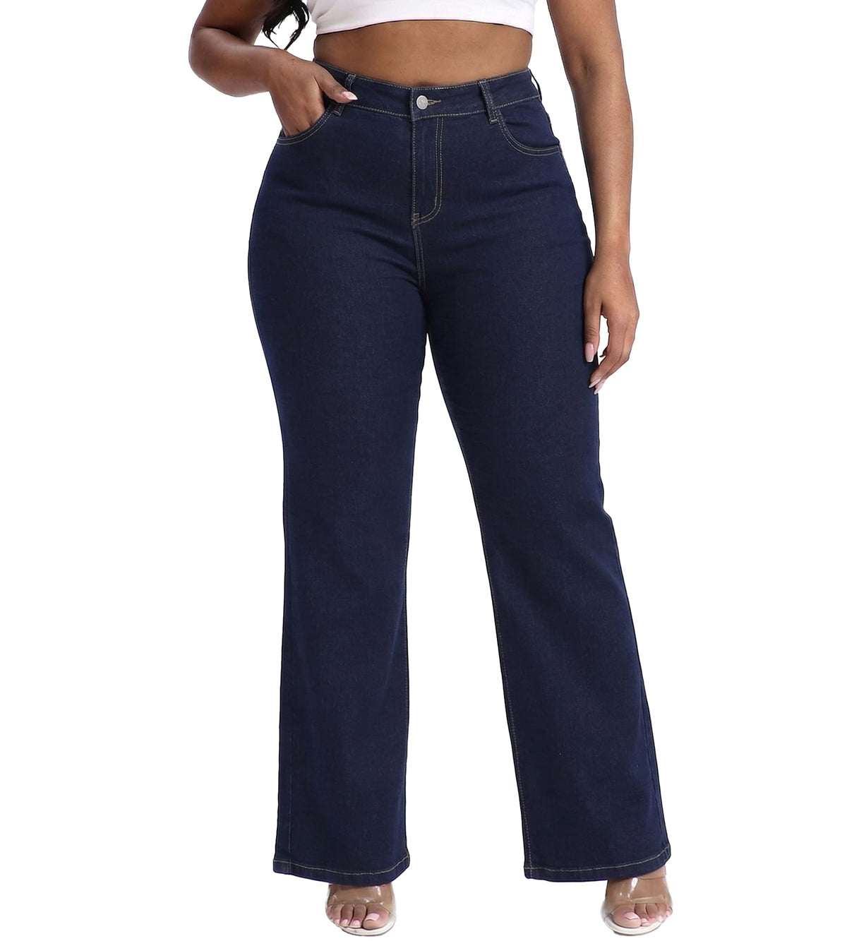 Gocolloa Plus Size Jeans for Curvy Women Straight Leg Stretchy High Waisted Casual Loose Denim Pants with Pockets
