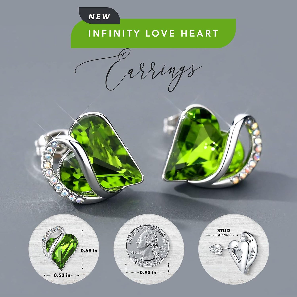 Leafael Infinity Love Heart Stud Earrings for Women, Birthstone and Healing Stone, Gifts for Mom, Wife, and Her, Silver Plated