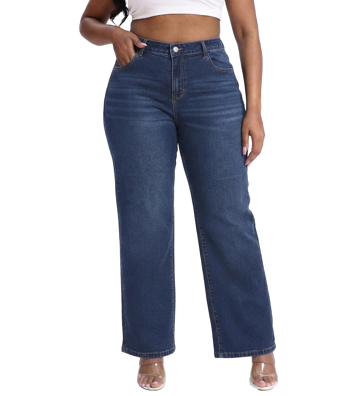 Gocolloa Plus Size Jeans for Curvy Women Straight Leg Stretchy High Waisted Casual Loose Denim Pants with Pockets