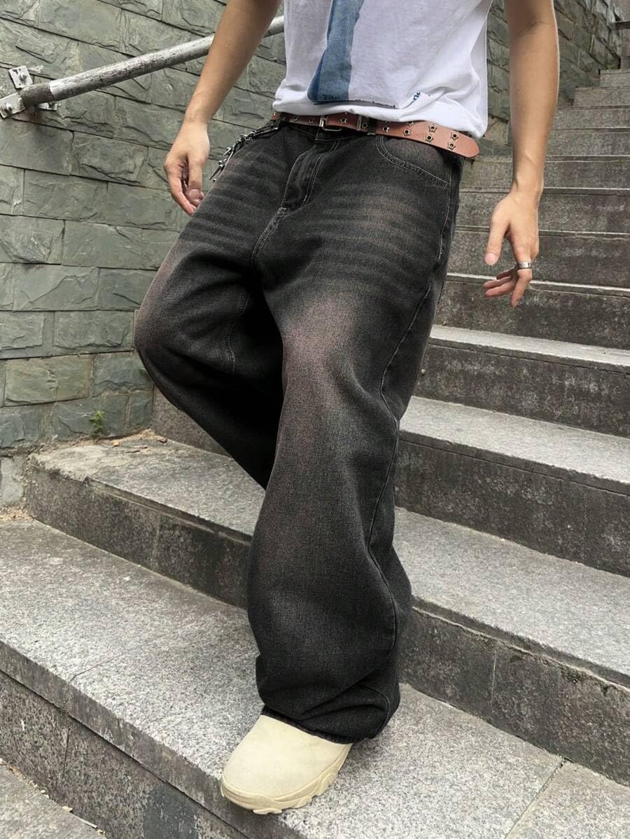 HUNGSON Mens Baggy Jeans for Men Women Y2k Skater Vintage Plain Pants Casual Wide Leg Jeans Loose Fit Denim Jeans