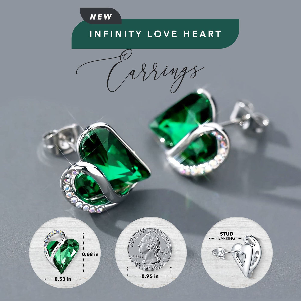 Leafael Infinity Love Heart Stud Earrings for Women, Birthstone and Healing Stone, Gifts for Mom, Wife, and Her, Silver Plated