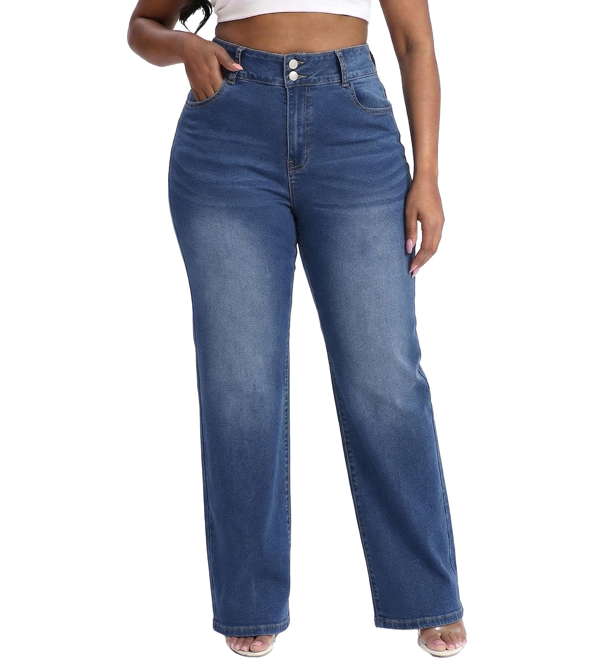 Gocolloa Plus Size Jeans for Curvy Women Straight Leg Stretchy High Waisted Casual Loose Denim Pants with Pockets