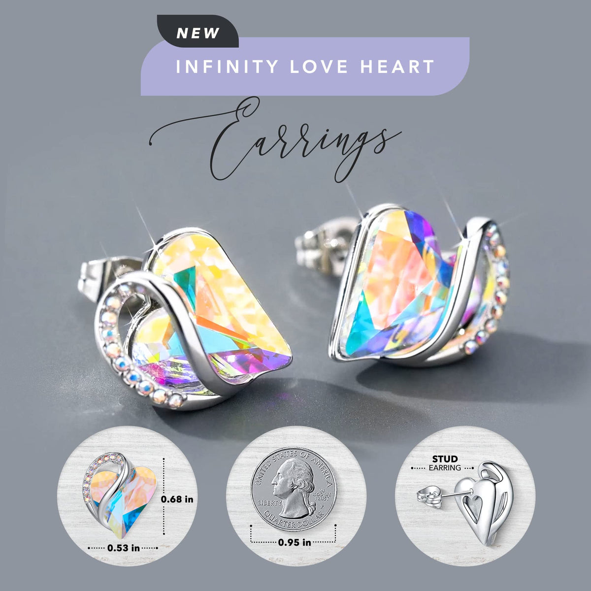 Leafael Infinity Love Heart Stud Earrings for Women, Birthstone and Healing Stone, Gifts for Mom, Wife, and Her, Silver Plated