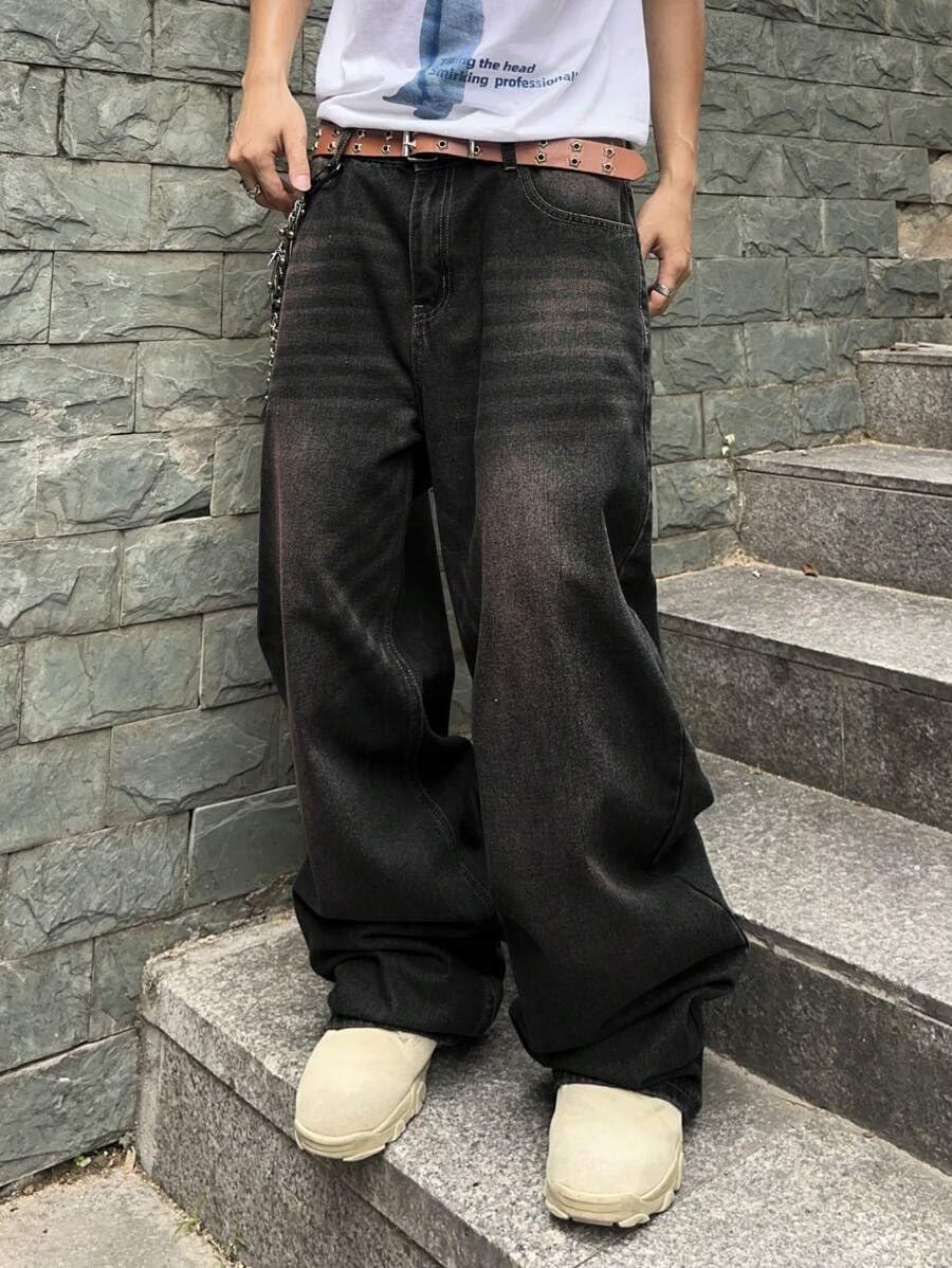 HUNGSON Mens Baggy Jeans for Men Women Y2k Skater Vintage Plain Pants Casual Wide Leg Jeans Loose Fit Denim Jeans