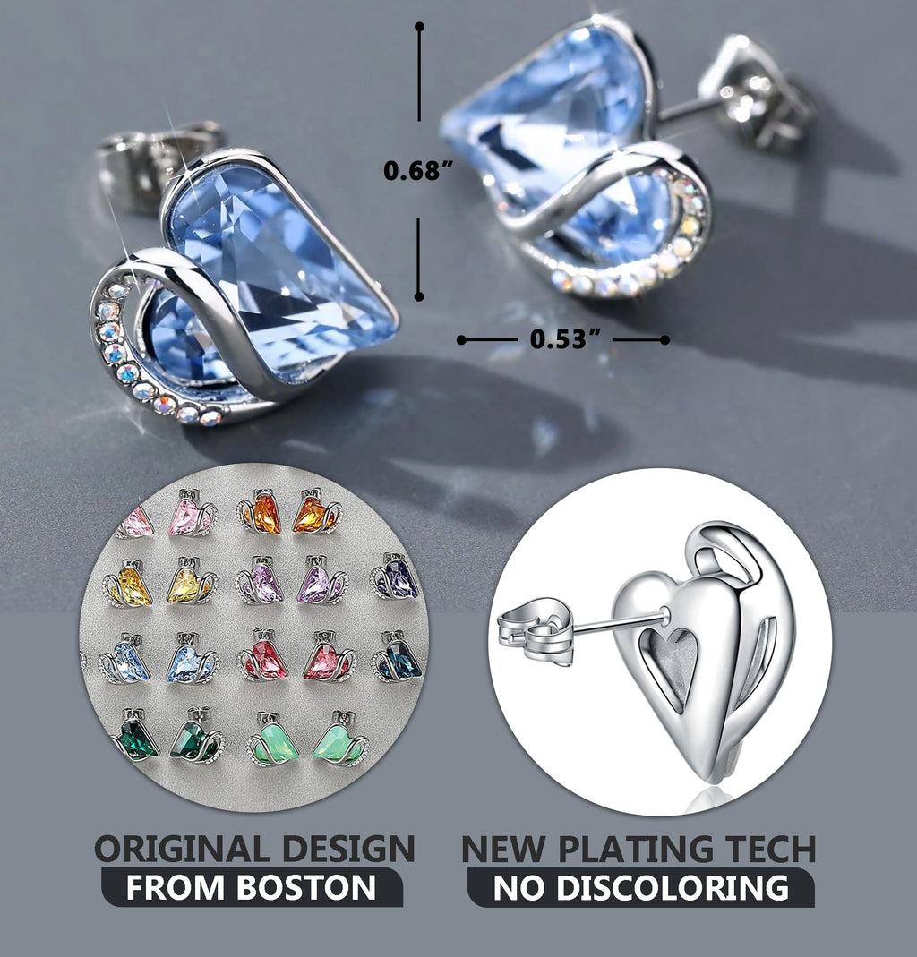 Leafael Infinity Love Heart Stud Earrings for Women, Birthstone and Healing Stone, Gifts for Mom, Wife, and Her, Silver Plated