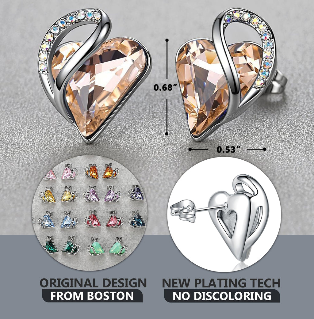 Leafael Infinity Love Heart Stud Earrings for Women, Birthstone and Healing Stone, Gifts for Mom, Wife, and Her, Silver Plated